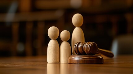 Wooden figurines and gavel representing justice and law