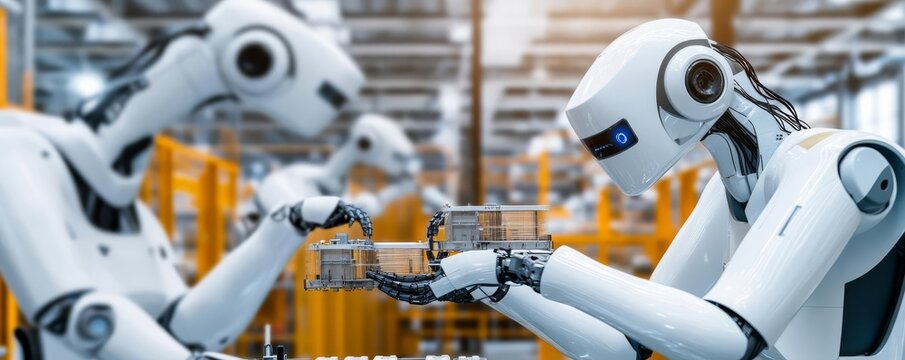 Futuristic factory, robotic arms assembling products, AI-powered automation, sleek industrial setting