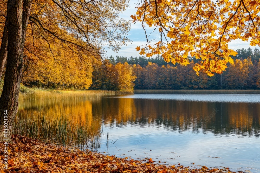 Poster in a tranquil setting by a lake, the golden fall foliage of trees is perfectly mirrored on the water