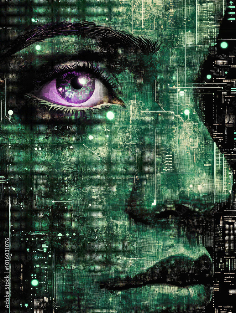 Poster a futuristic portrait featuring a cybernetic face with neon eye details, blending human features wit