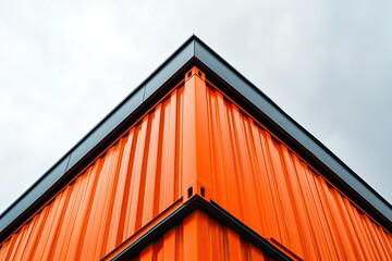 Modern architectural corner of an orange metal building