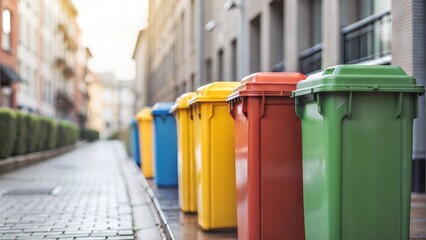Colorful trash bins lined up in an urban alley.






