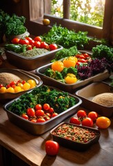 Obraz premium vibrant colorful plant based meal prep featuring fresh whole seeds healthy cooking, avocado, bowls, broccoli, carrots, chia, dishes, dining, flavored, food