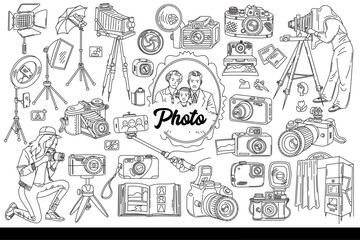 Fototapeta premium Photo cameras and lighting equipment or photographers from different eras. Family portrait near vintage cameras and modern devices for creating and printing photographs. Hand drawn.