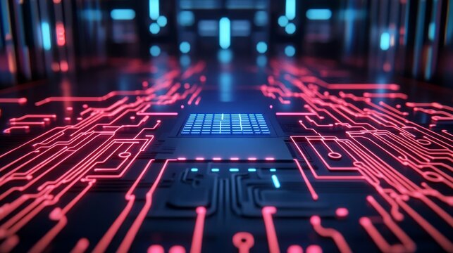 Quantum computing AI, solving complex problems, neon circuits in futuristic lab