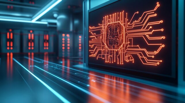 Quantum computing AI, solving complex problems, neon circuits in futuristic lab