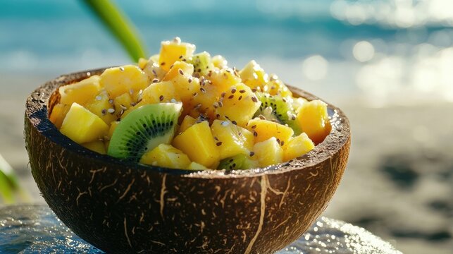 Fresh Tropical Fruit Salad in Coconut Bowl