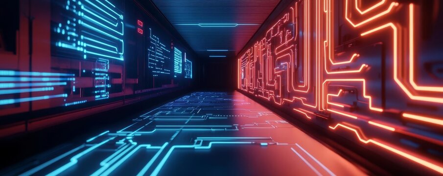 Quantum computing breakthrough, AI visualizing data, neon circuits in futuristic lab