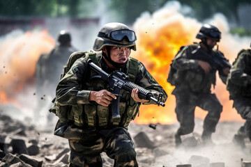 Chinese soldier engaged in combat training during an intense military exercise, showcasing teamwork and preparedness in a smoke-filled environment