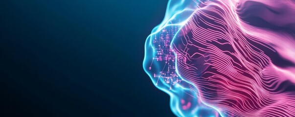 Quantum computing visualization, entangled particles, neon digital waves