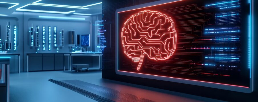 Quantum computing breakthrough, AI visualizing data, neon circuits in futuristic lab