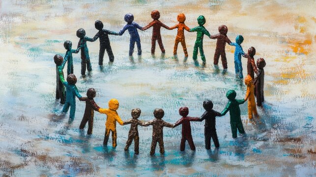 A unified group of diverse figures forming a circle of solidarity against a backdrop of social unity and purpose