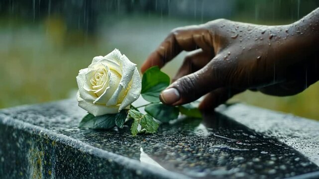 Close up on hand of Black man placing white rose on granite tombstone at graveyard in memory of departed loved one while raindrops falling on flower