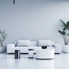 Smart home automation, AI-controlled devices, sleek modern interior