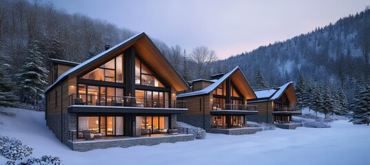 Modern, luxurious snowy mountain cabin real estate surrounded by trees, perfect for winter getaways