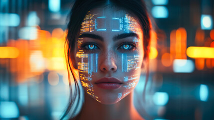 An enchanting digital rendering of a woman's visage adorned with dancing pixel lights, illustrating identity in the digital age.