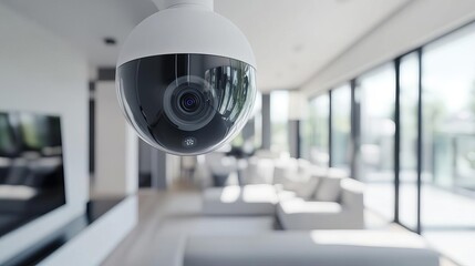 Smart home security, AI managing surveillance systems, sleek modern living room