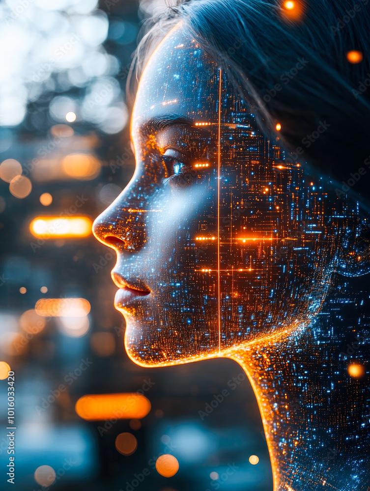 Poster a digital profile merging human and technology, highlighted by glowing data points, blurring lines o