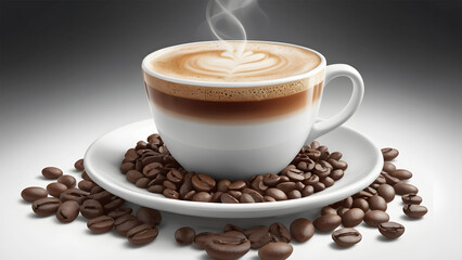 Delicious cappuccino in a white cup with steaming milk art, surrounded by coffee beans on plate, copy space