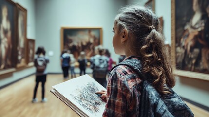 A young girl explores an art gallery, holding a sketchbook, while other children observe paintings in a bright, spacious environment.