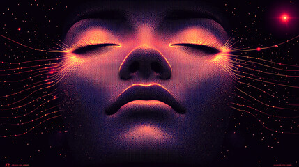 A serene face in a digital realm, with a tapestry of luminous dots signifying a tranquil merger of human and universe.