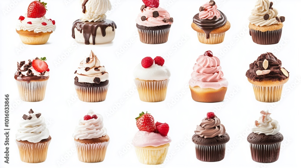 Poster a delightful assortment of colorful cupcakes with various toppings arranged in an appealing pattern 