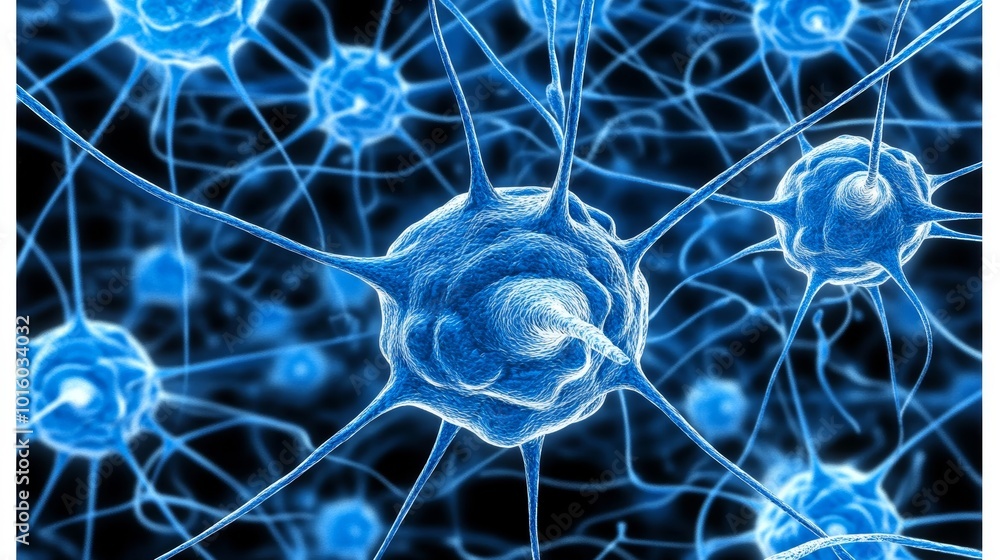 Poster neural network complexity - 3d illustration of interconnected neurons in the human brain.