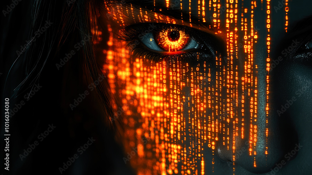 Poster close-up of a futuristic eye with cascading lines of glowing orange code, representing surveillance 