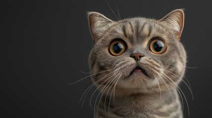 A British Shorthair cat with wide eyes and an open mouth, looking surprised or shocked on gray background, copy space