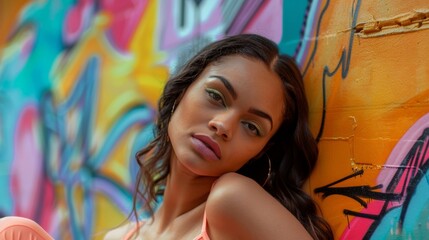 Fototapeta premium Young woman posing against vibrant graffiti wall, showcasing urban style and confidence in bright colors. Bold art enhances her beauty.