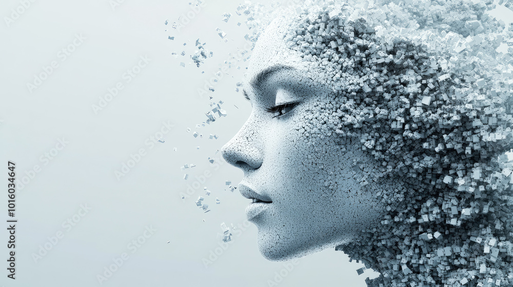 Poster a surreal representation of a human face disintegrating into digital cubes, blending art and technol