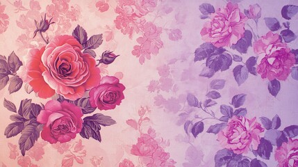 Close-up of elegant pink and purple wallpaper showcasing a beautiful rose pattern on the left side and delicate pink and purple flowers on the right, perfect for floral-themed interior design, home de