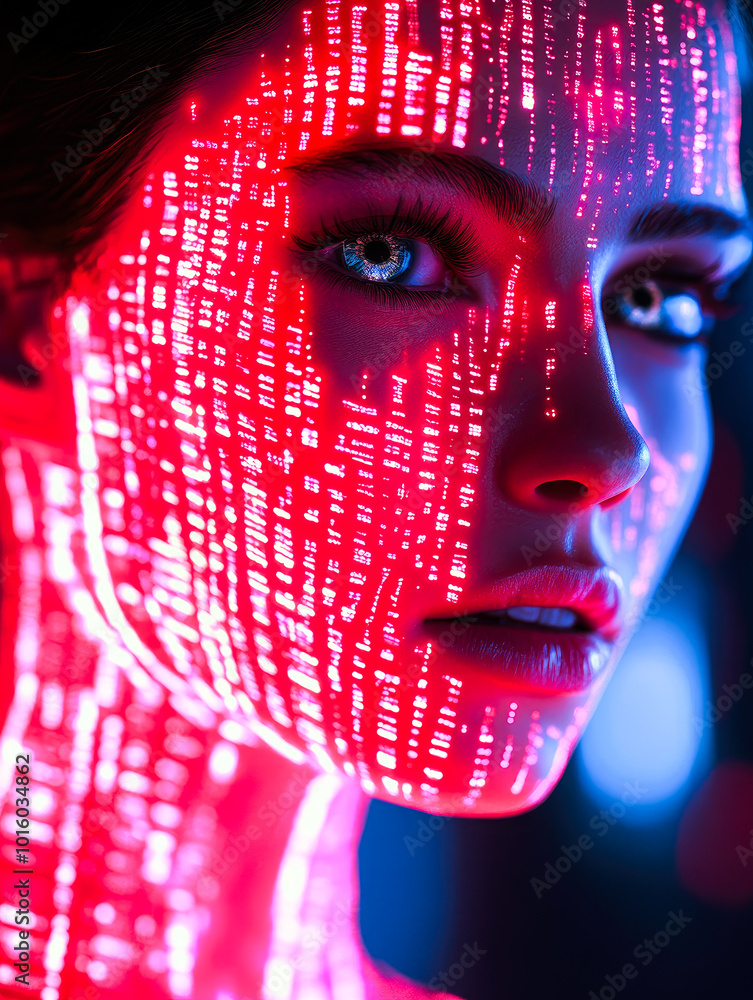 Poster a digital face is adorned with dynamic patterns, representing the fusion of humanity and technology 