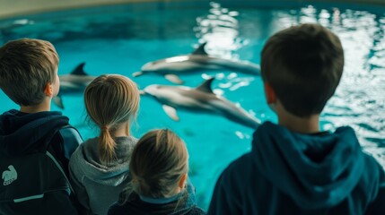 Obraz premium Children observe dolphins swimming in a vibrant aquarium, sharing a moment of wonder and excitement together.