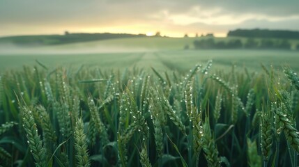 Morning Dew on Wheat Field: A Beautiful Green Landscape with Mist and Soft Light at Dawn