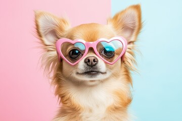Charming chihuahua wearing heart-shaped sunglasses pastel background