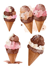 Ice cream watercolor strawberry chocolate painting hand drawing