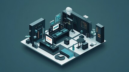Futuristic tech workspace with digital interfaces and gadgets