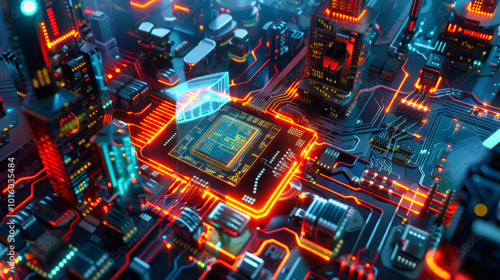 Aufkleber aerial view of a realistic ai chip with a floating holographic interface amidst futuristic buildings