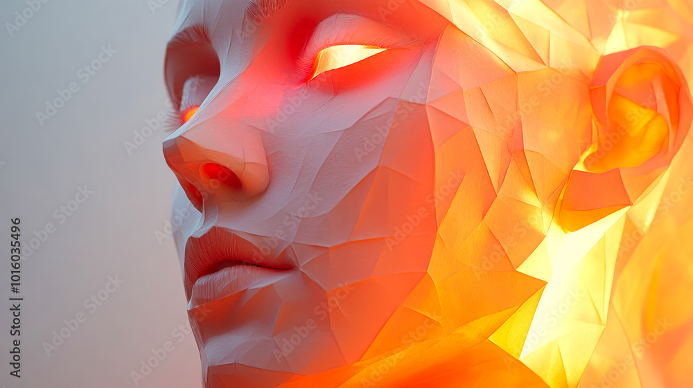 Poster an abstract face with intricate geometric design and warm glowing hues, representing complexity and 