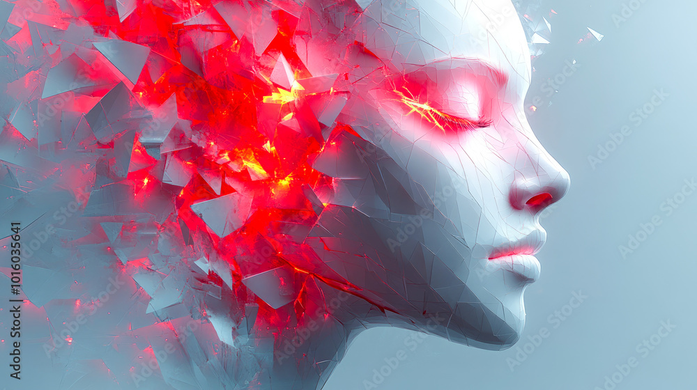 Poster a crystalline white face with surreal red shards and glowing elements, symbolizing fragmentation and