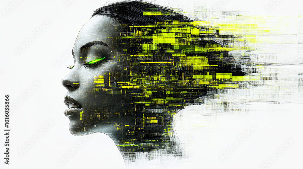 Poster a digital composition featuring a face overlayed with yellow glitches, exploring the collision of id
