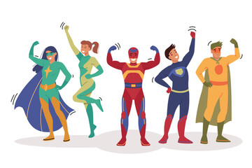 Team of superheroes raise hands in air, celebrating victory over villain thanks to collaboration. People in superheroes costumes are proud of achievements in destroying bandits and criminals