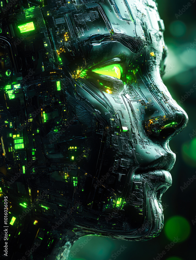 Poster a cybernetic face adorned with green luminous grids, representing the fusion of human identity with 