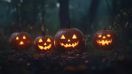 Carved smiling pumpkins in a forest, Halloween theme, cartoon style. Whimsical, playful concept.