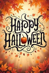 Happy Halloween Typography with Autumn Leaves