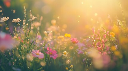 Vibrant wildflowers blooming in golden sunlight