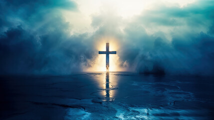 Naklejka premium croix catholique lumineuse au milieu de la brume
