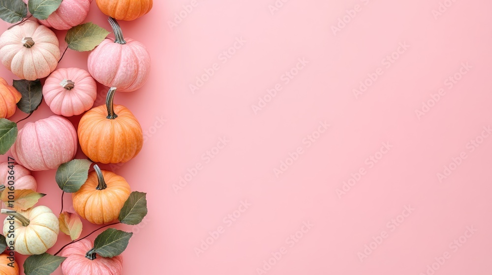 Poster light pink and orange pumpkins with leaves arranged in a line on left side with empty space for text
