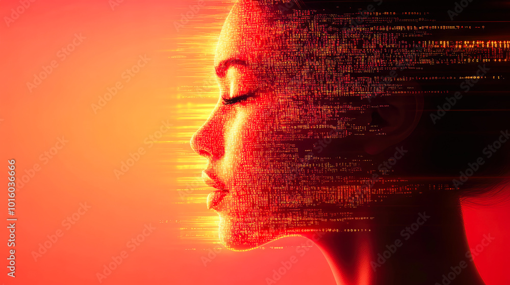Poster a side profile of a face dissolves into red digital code, capturing a fusion of technology and human